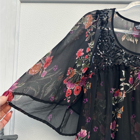 Angie Top Women S Black Multi Floral Sheer Sequined Whimsigoth Boho Fairy - Picture 4 of 10